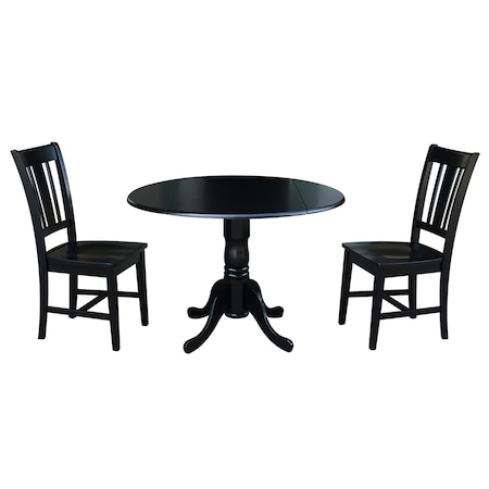 International Concepts Round 42 in Dual Drop Leaf Table with 2 San Remo Chairs, Black, 42 W, 42 L, 29.75 in H, Wood, Black K46-42DP-C10